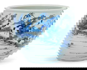 A small Chinese blue and white porcelain jardiniere: A small Chinese blue and white porcelain jardiniereKangxi Period (1662-1722) or styleWith seaside and mountain landscape decoration7.625" H x 9" Dia.