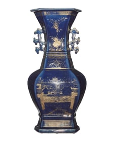 A Chinese cobalt blue porcelain hexagonal vase