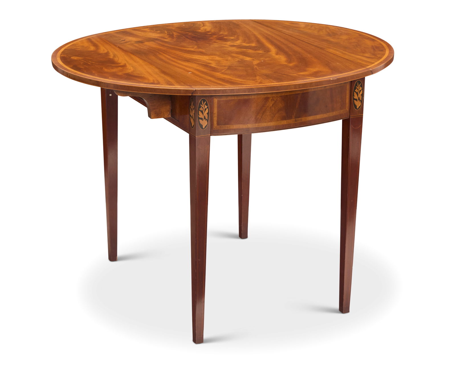 A George III style inlaid mahogany Pembroke table: A George III style inlaid mahogany Pembroke table 20th century With inlayed floral accents and single drawer to one side Stored: 24.25" H x 27.25" W x 18.25" D; Open: 33" D Provenance: The Estate