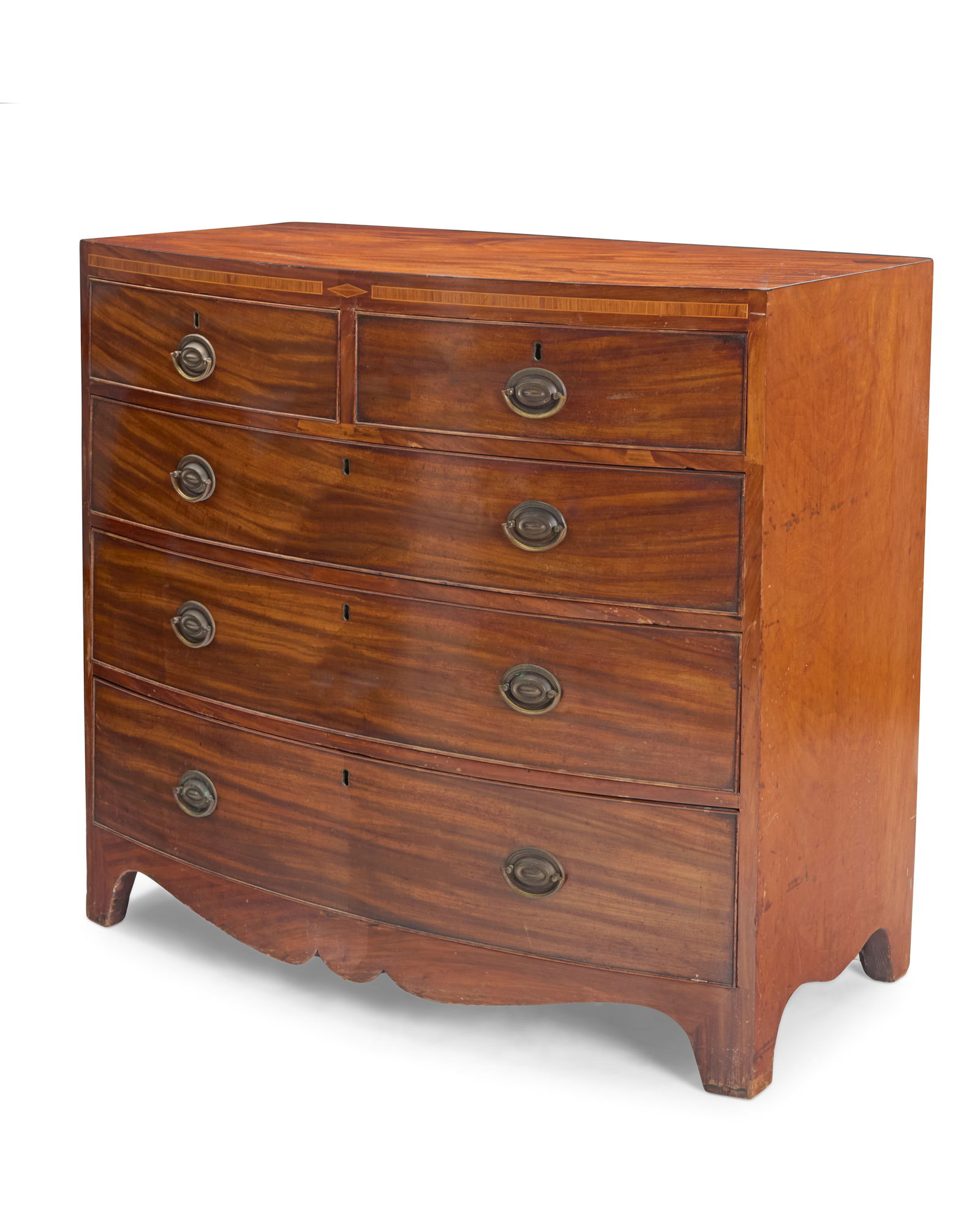 A George III style inlaid mahogany bowfront chest: A George III style inlaid mahogany bowfront chest Early 20th century With five locking drawers and shaped apron 38.5" H x 41.5" W x 20.75" D Provenance: The Estate of Herbert and Ann Lucas