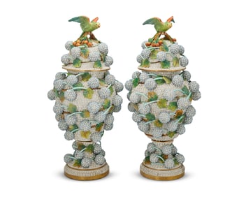 A pair of large Dresden porcelain Schneeballen vases and covers