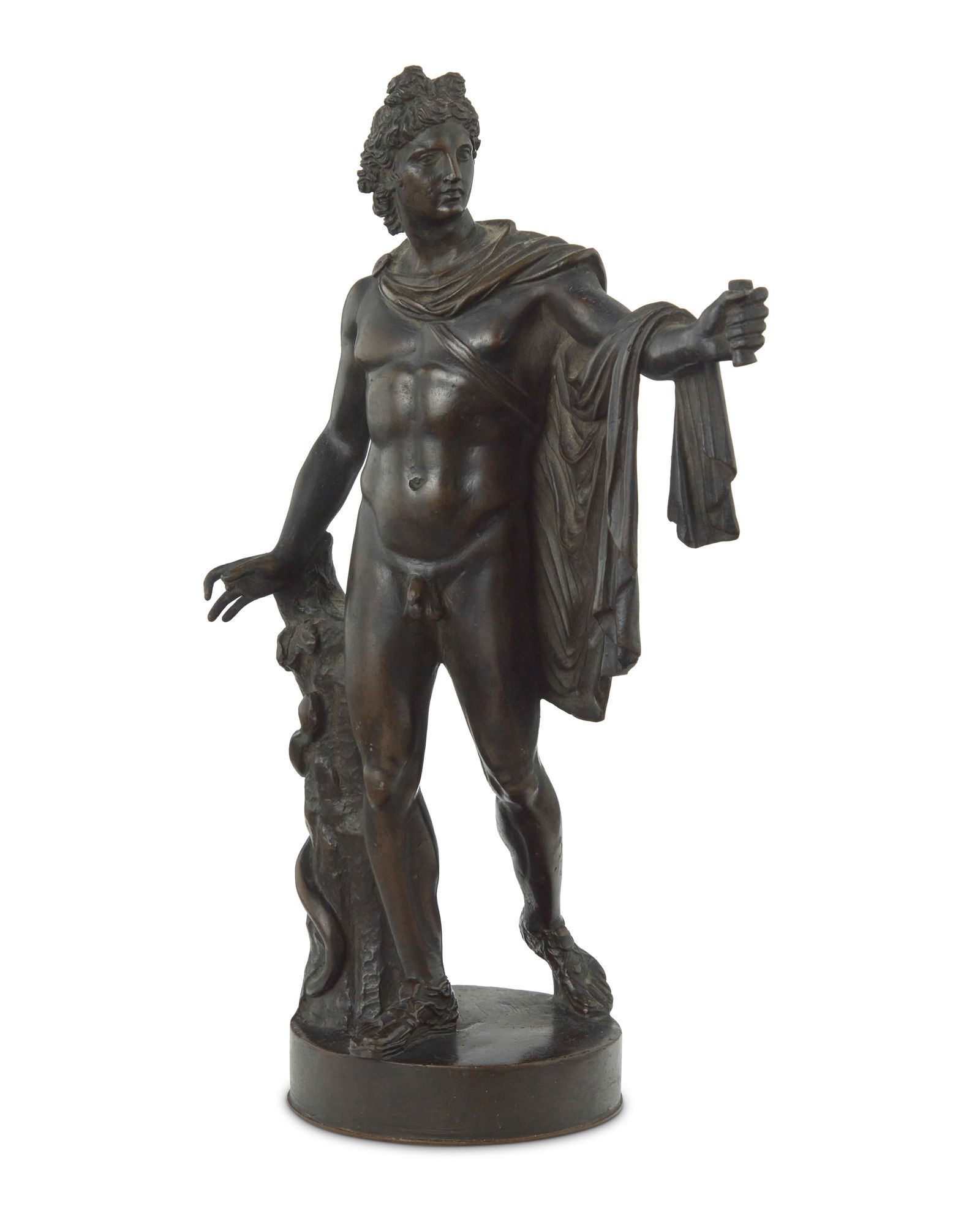 An Italian patinated bronze figure of the Apollo Belvedere: An Italian patinated bronze figure of the Apollo Belvedere 19th/early 20th century Unmarked After the antique 10.125" H x 6.125" W x 4.25" D