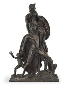 A Continental patinated bronze figural group of Aeneas carrying Anchises with son Ascanius