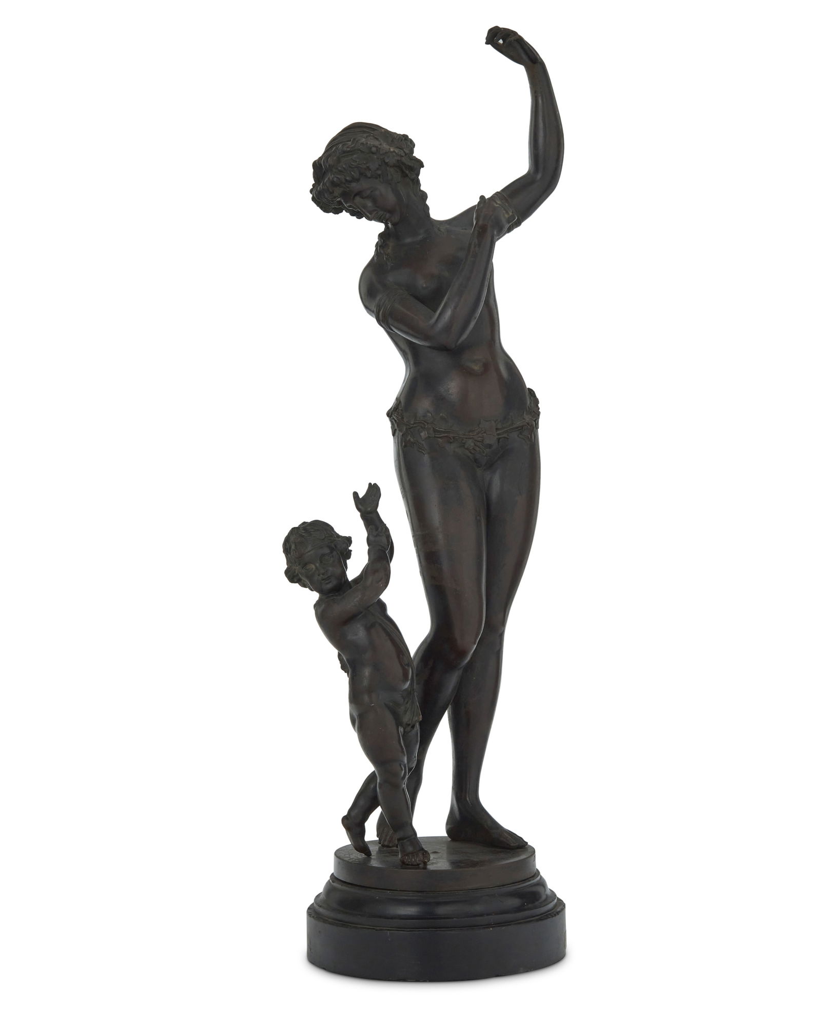 A French patinated bronze figural group of a Maenad and baby satyr: A French patinated bronze figural group of a Maenad and baby satyr Late 19th/early 20th century Unmarked Raised on a composition base Bronze: 20" H x 7.25" W x 5" D; Overall: 21.5" H x 7.25" W x 6" D