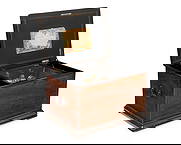 A Swiss ten air theater music box: A Swiss ten air theater music boxLate 19th/early 20th centuryAppears unmarkedWith three combs (21-12-23) and movement triggering bells with bee strikers, percussion, and two dancing figure automata, w