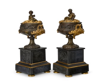 A pair of Grand Tour bronze and stone cassolettes