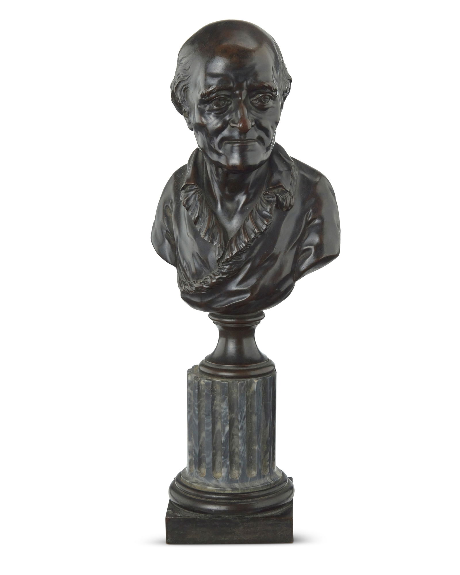 A patinated bronze bust of Voltaire: A patinated bronze bust of Voltaire19th centuryUnmarkedRaised on a hardstone columnar plinth with conforming bronze baseOverall: 13.5" H x 5.25" W x 4.25" D
