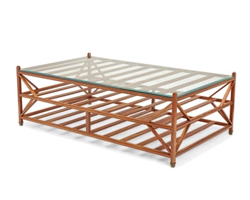 A slatted wood architect's coffee table