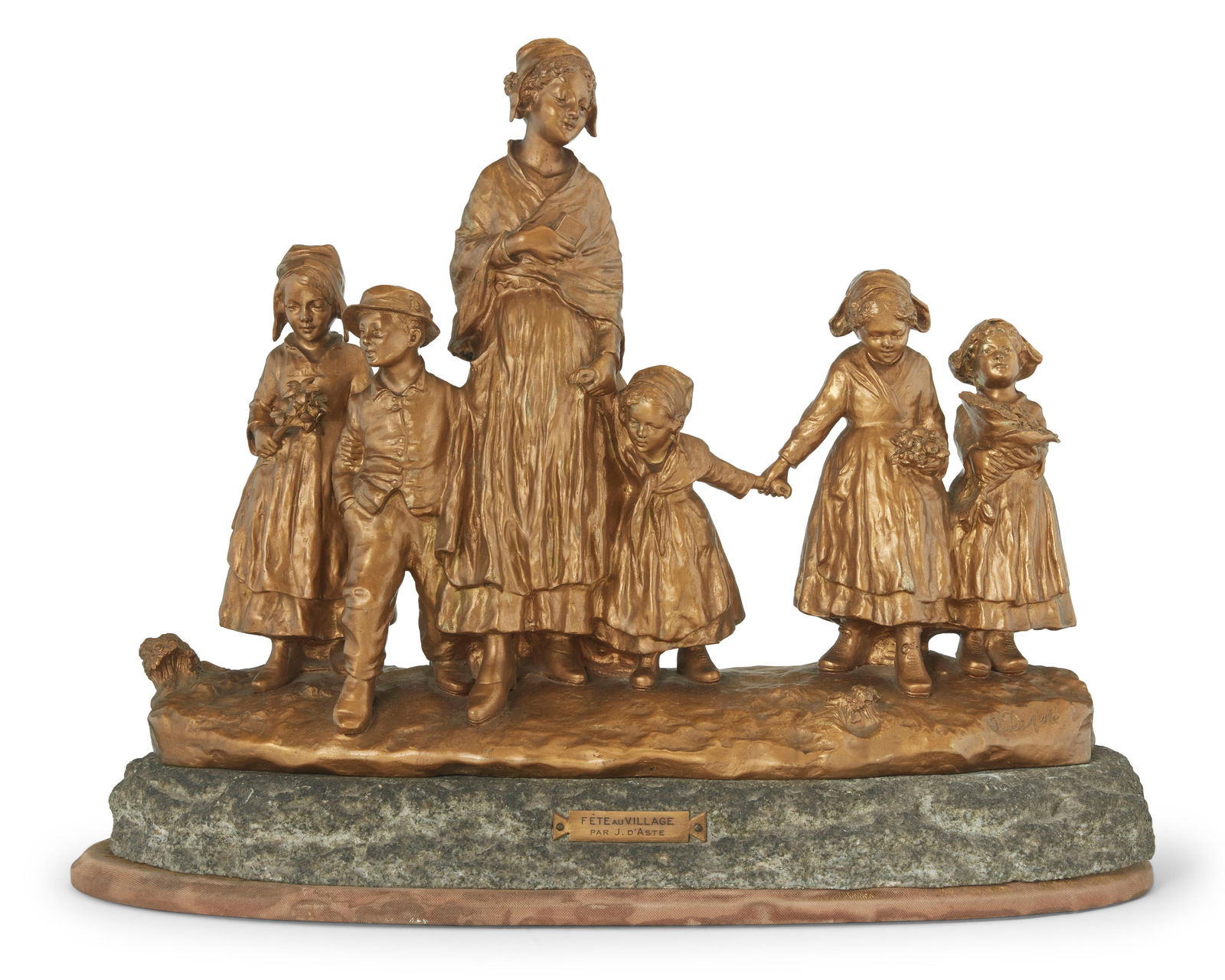 Joseph d'Aste (1881-1945), "La fete au Village": Joseph d'Aste(1881-1945)"La fete au Village"Gold-toned patinated bronze on stone on wood plinthMarked in the casting: J. D AsteBronze: 15.5" H x 20.25" W x 7.25" D; Stone and wood: 3" H x 22.75" W x 8