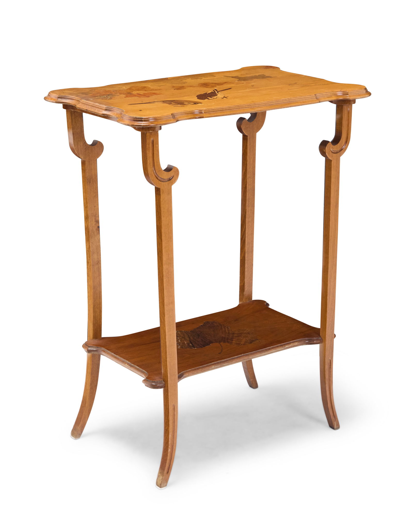 A Galle marquetry fruitwood side table: A Galle marquetry fruitwood side tableEarly 20th century; FranceSigned in marquetry: GalleDepicting birds and autumnal leaves29.25" H x 22.25" W x 15" D