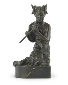 A Continental Art Deco patinated bronze bookend figure of a satyr