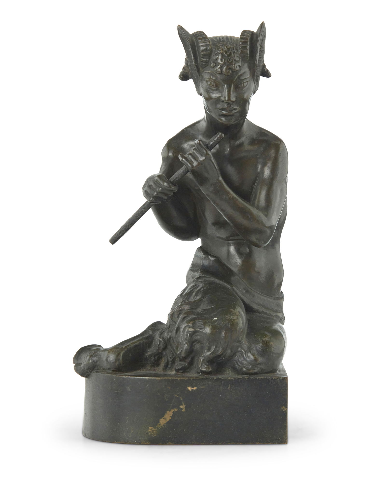 A Continental Art Deco patinated bronze bookend figure of a satyr: A Continental Art Deco patinated bronze bookend figure of a satyrModeled by Sir Alfred Gilbert (1854-1934), early 20th centurySigned in the casting: A. Gilbert; impressed to base: D5 / MADE IN FRANCE9