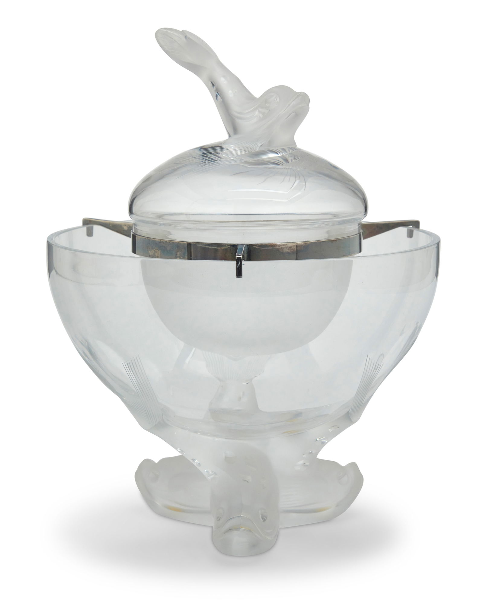 A Lalique glass 'Igor' caviar bowl: A Lalique glass 'Igor' caviar bowlLate 20th/early 21st centuryDesigned in 1969 by Marie-Claude Lalique (1935-2003)Etched: Lalique registered trademark FranceIn four pieces, with silver-plated support