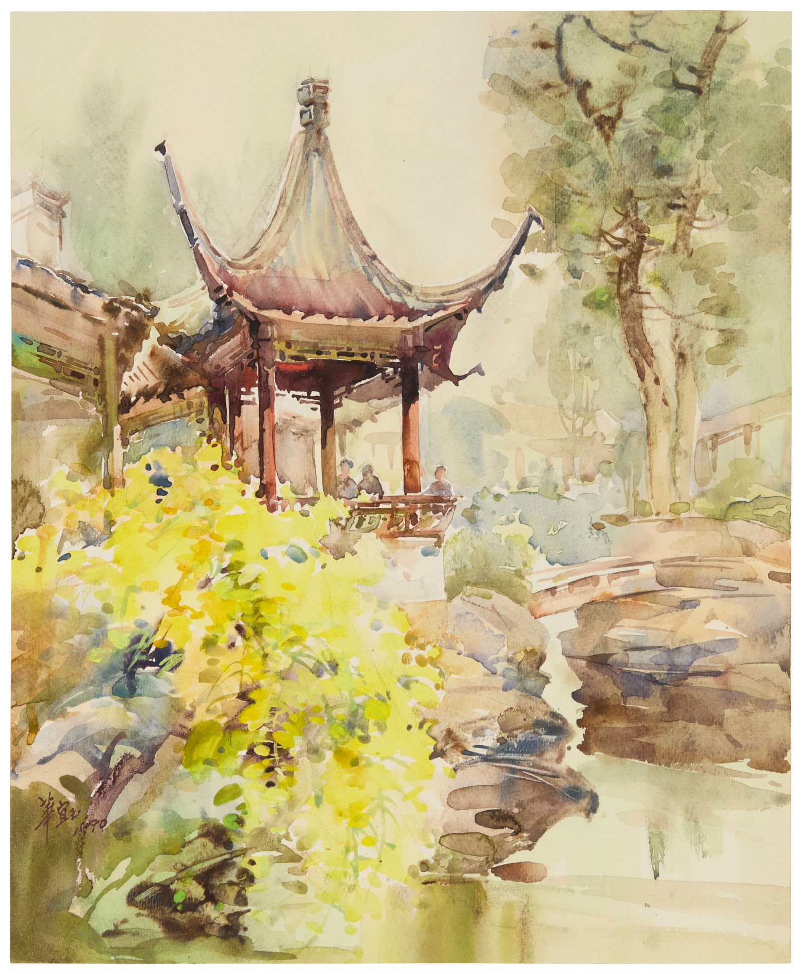 Hua Yiyu (b. 1922), "Chinese Roof," 1990: Hua Yiyu(b. 1922)"Chinese Roof," 1990Watercolor on paperSigned and dated 1990 in ink, lower left: 1990; titled by reputeImage/Sheet: 18.5" H x 15.25" W