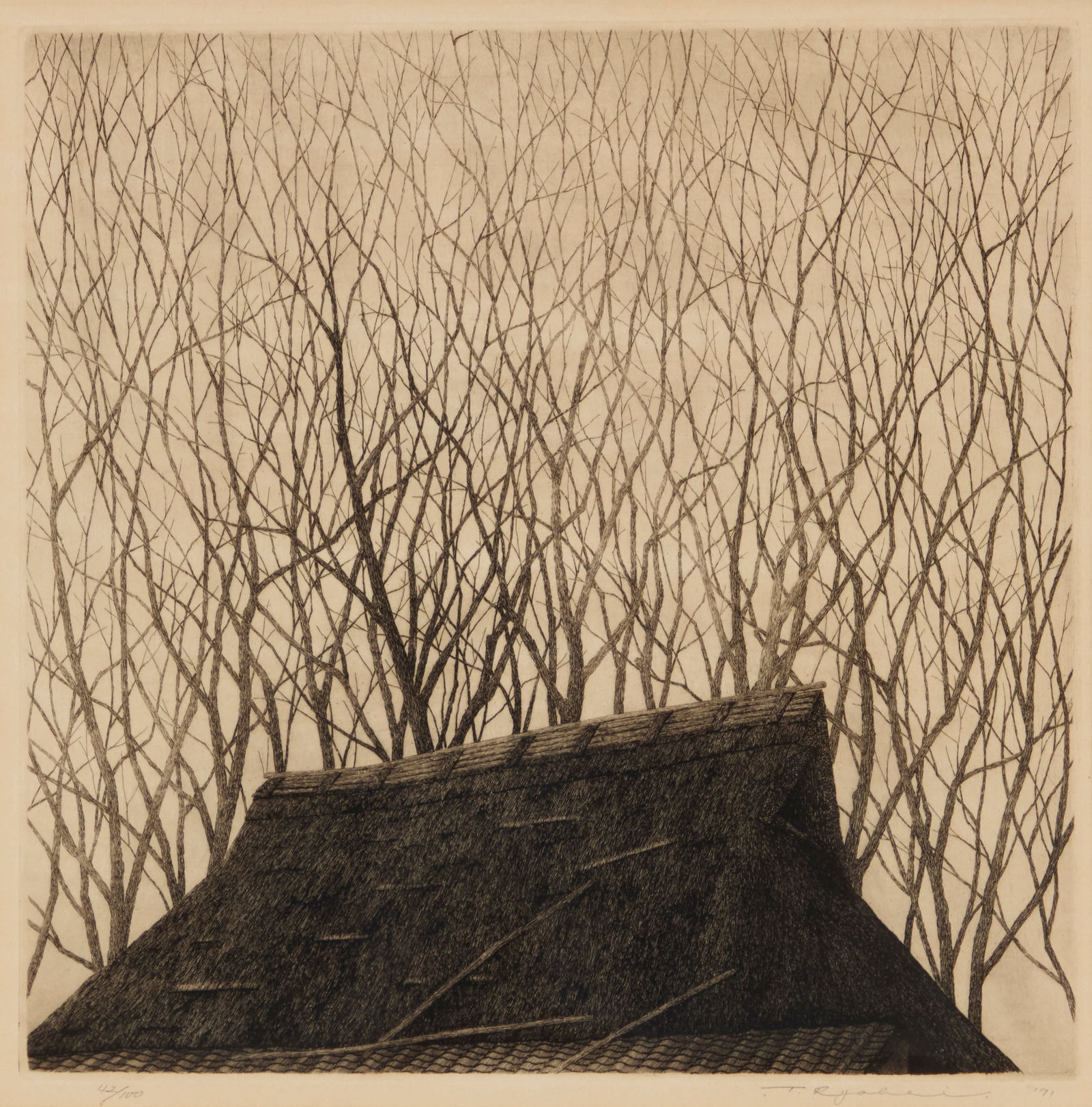 Tanaka Ryohei (1933-2019), "Ohara," 1971: Tanaka Ryohei(1933-2019)"Ohara," 1971Etching on wove paperEdition: 42/100Signed, dated, and numbered in pencil in the lower margin: T. RyoheiPlate: 11.75" H x 11.75" W; Sight: 12.25" H x 12.125" W