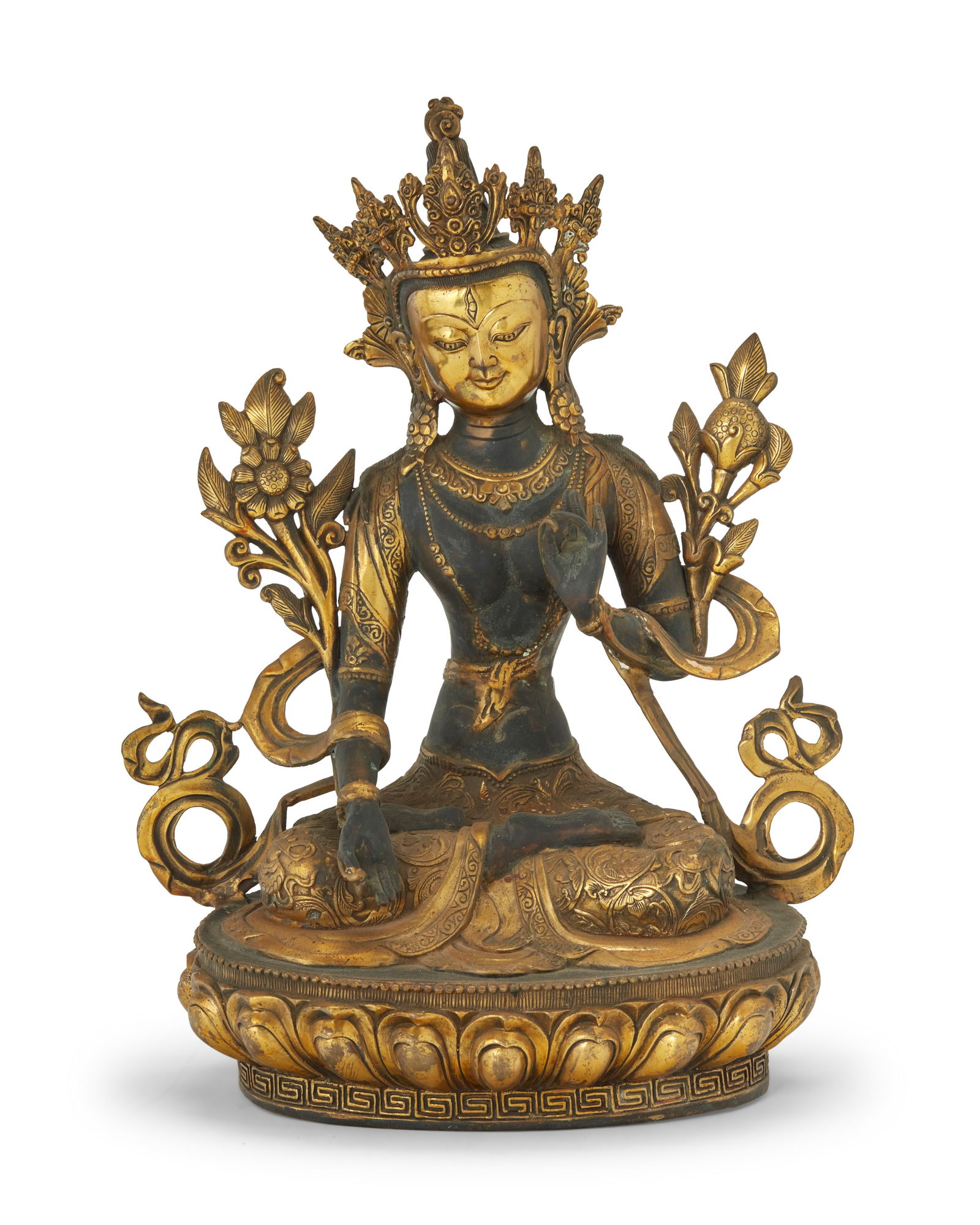 An Asian gilt and patinated bronze figure of Tara: An Asian gilt and patinated bronze figure of Tara20th centuryWith impressed seal to baseplate15" H x 11.25" W x 7" D