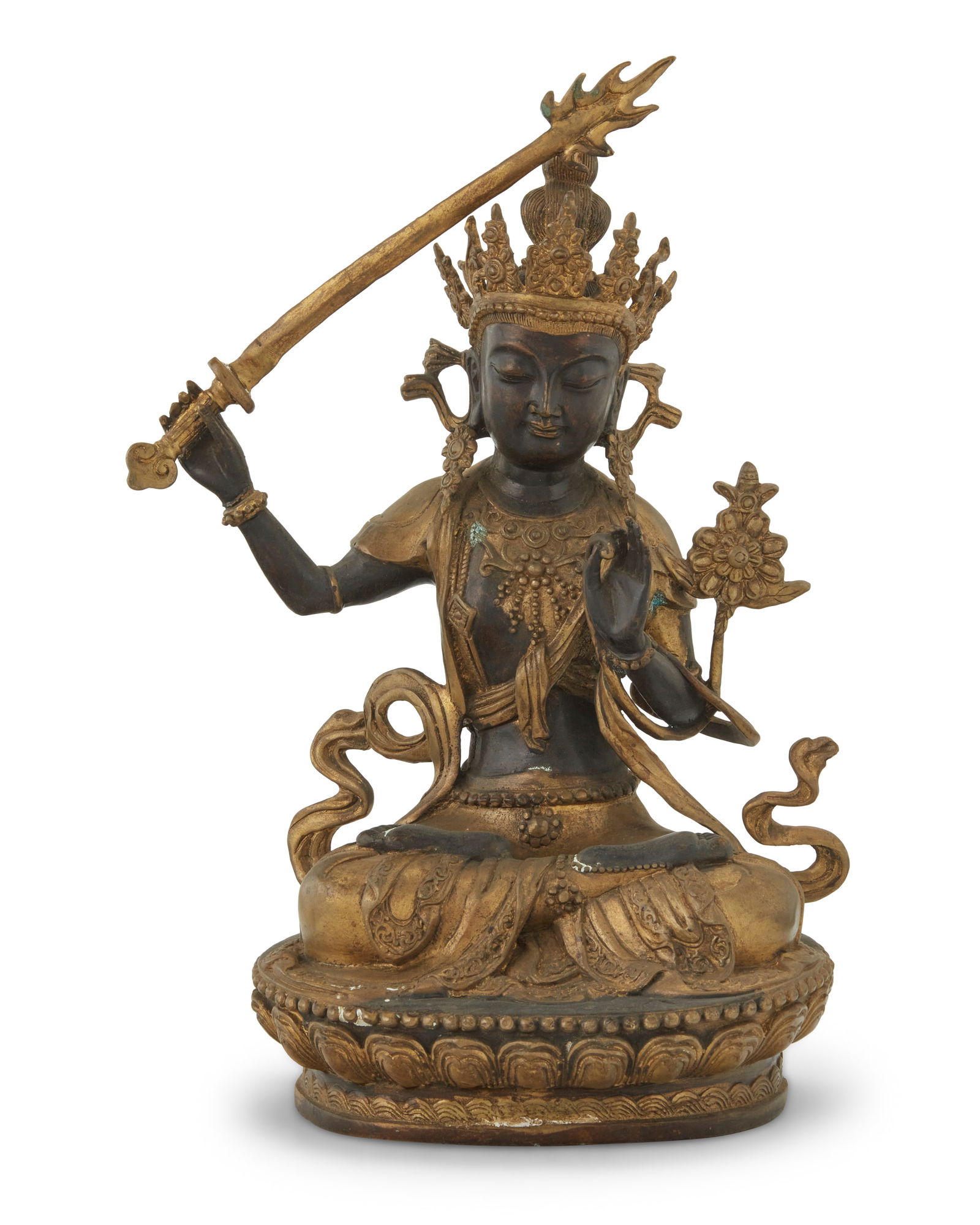 An Asian parcel gilt and patinated bronze figure of Manjushri (1 of 6)