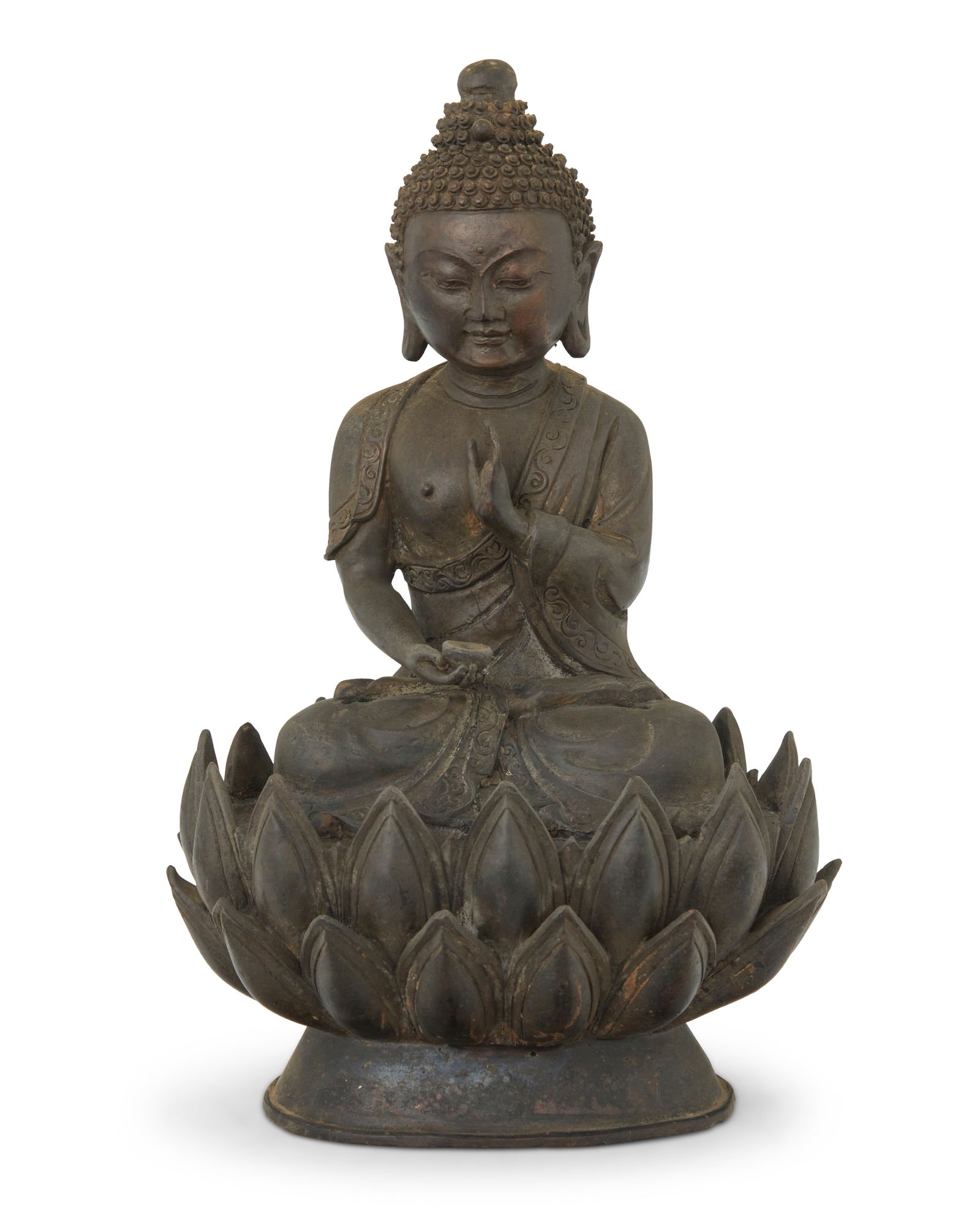 An Asian bronze Buddha figure: An Asian bronze Buddha figure20th centuryWith impressed seal to baseplate8.5" H x 5.5" W x 4.5" D