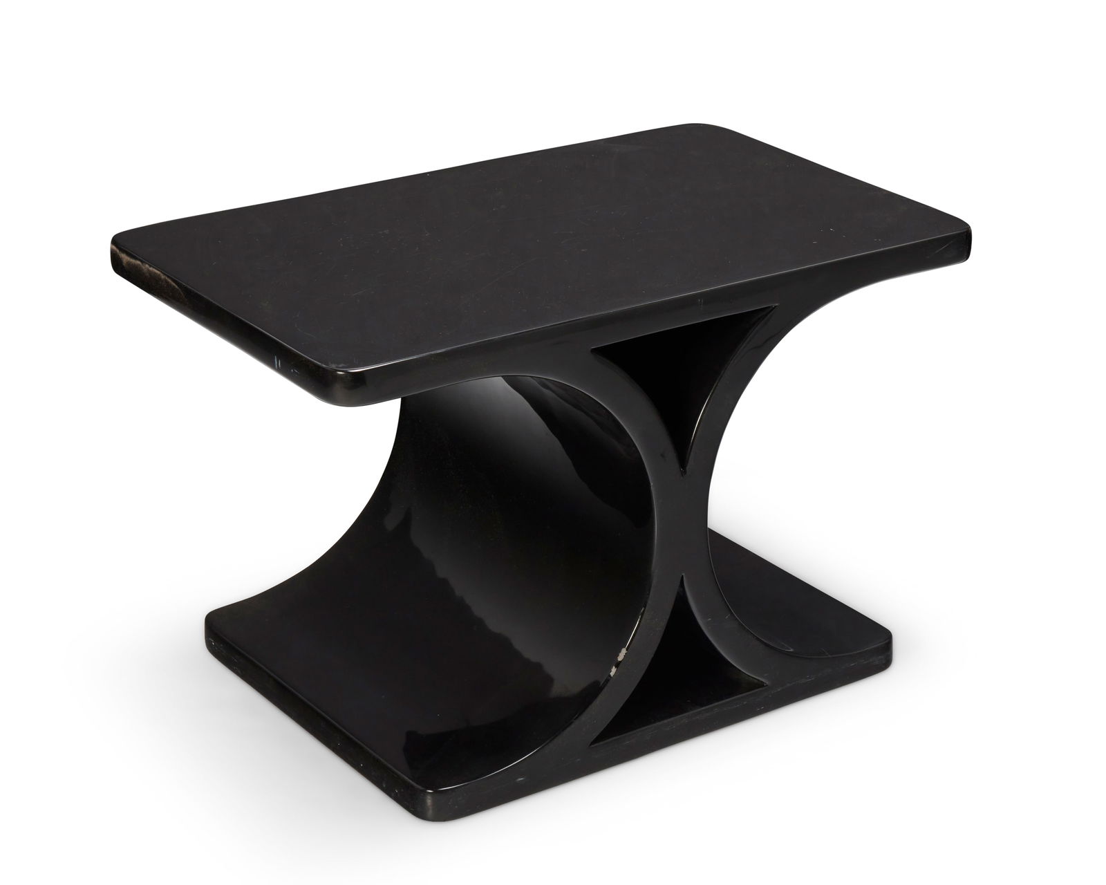 A Karl Springer style lacquered wood side table: A Karl Springer style lacquered wood side tableLate 20th centuryUnmarkedIn the style of the 'JMF' table designed by Karl Springer (1931-1991), the hourglass-form table constructed of formed black lacq