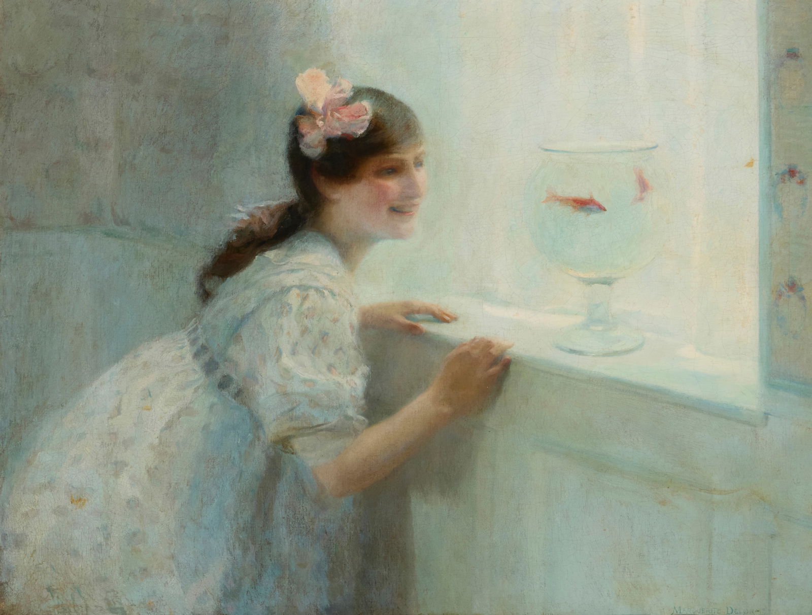 Marguerite Delorme (1876-1946), "Les Poissons Rouges": Marguerite Delorme(1876-1946)"Les Poissons Rouges"Oil on canvas laid to canvasSigned lower right: Marguerite Delorme; alternatively titled on the frame plaque "The Goldfish Bowl;" titled again and wit