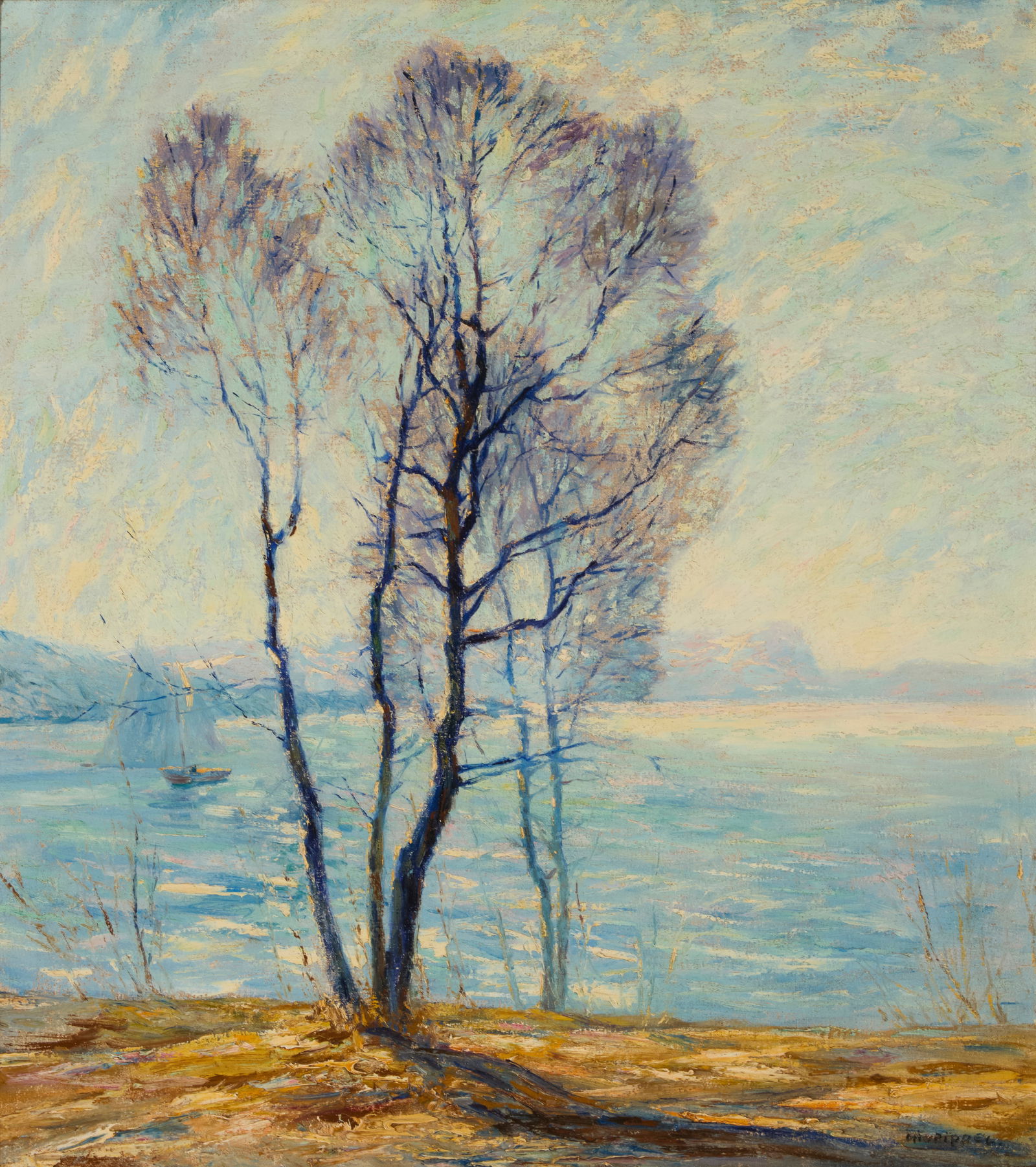 Otto Pippel (1878-1960), Coastal view with trees and boat (1 of 5)