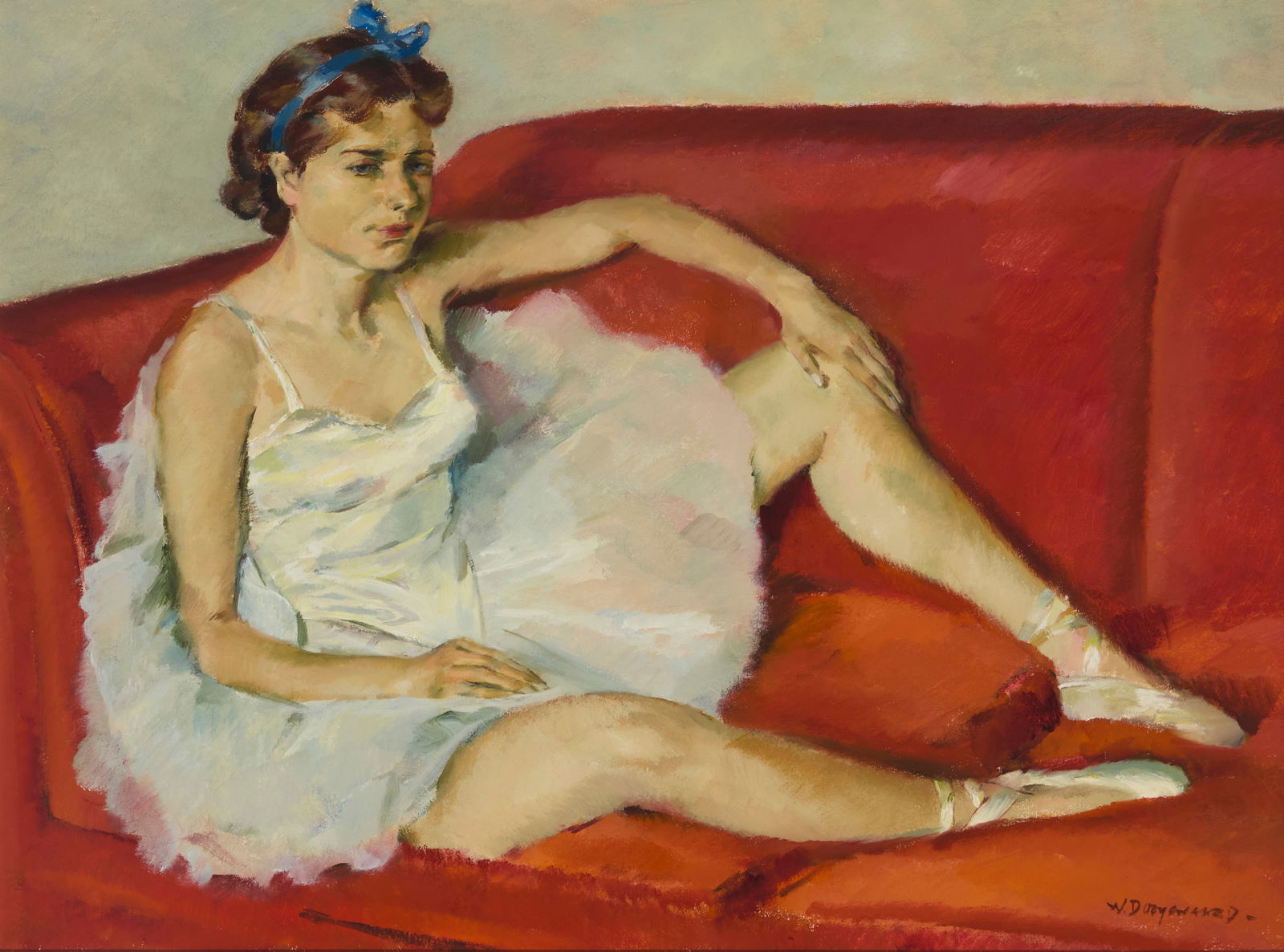 Willem Dooyewaard (1892-1980), Ballerina on a red sofa: Willem Dooyewaard(1892-1980)Ballerina on a red sofaOil on canvasSigned lower right: W. Dooyewaard; titled in Dutch, "Danseres op ronde divan," and numbered "No. 2" on the stretcher29" H x 39.75" W