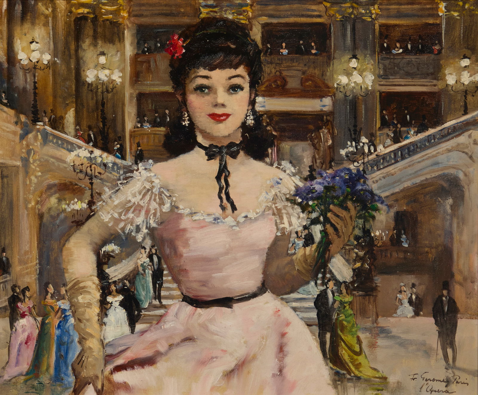 Francois Gerome (b. 1895-n.d.), Opera night: Francois Gerome(b. 1895-n.d.)Opera nightOil on canvasSigned and inscribed in the lower right corner: F. Gerome Paris / l'Opera20" H x 24" W Provenance:Private Estate, California