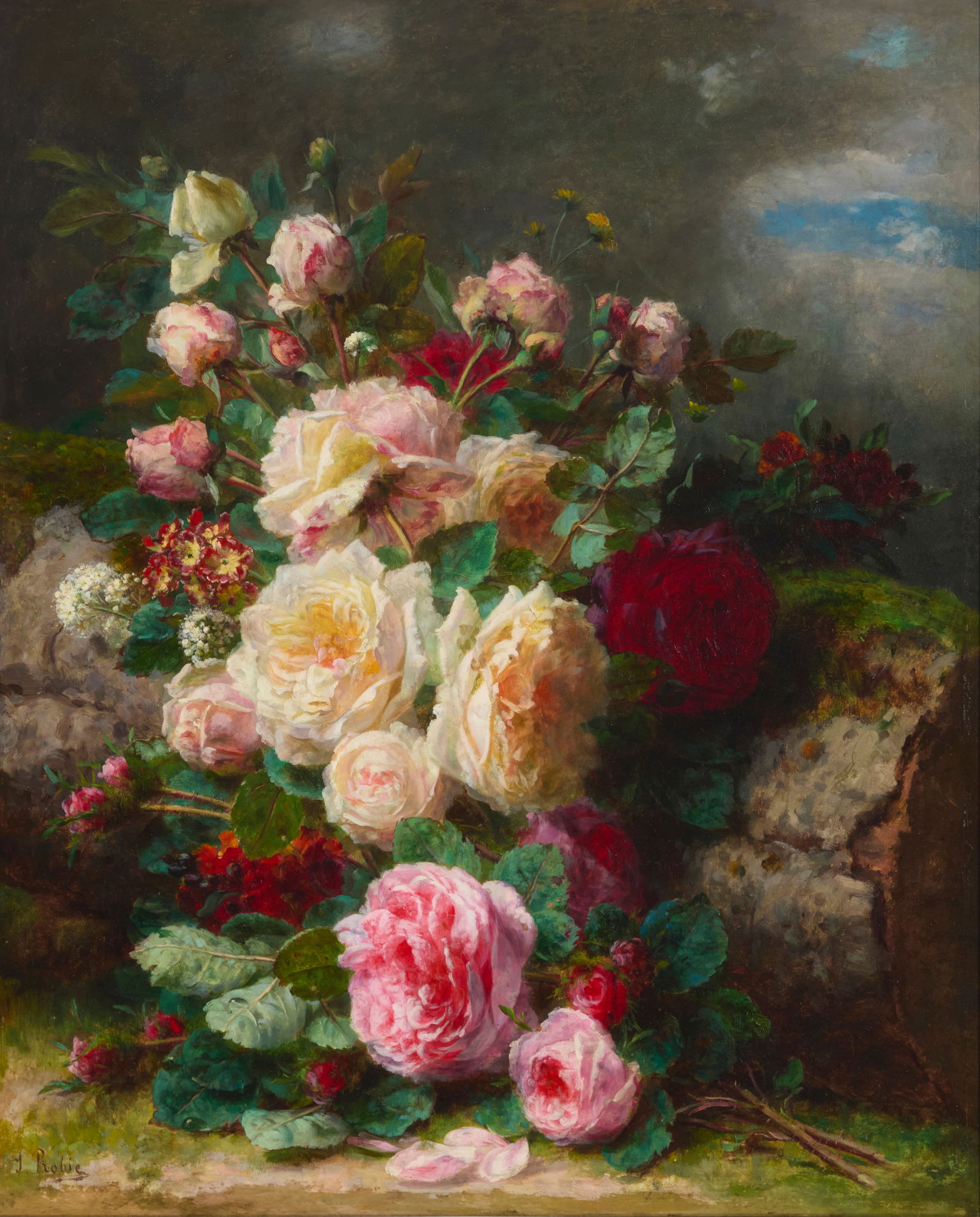 Jean Baptiste Robie (1821-1910), "Roses": Jean Baptiste Robie(1821-1910)"Roses"Oil on panelSigned lower left: J. Robie; titled in ink, in another hand, on a label affixed to the frame's verso26" H x 20.25" W Provenance:T. R. Butle