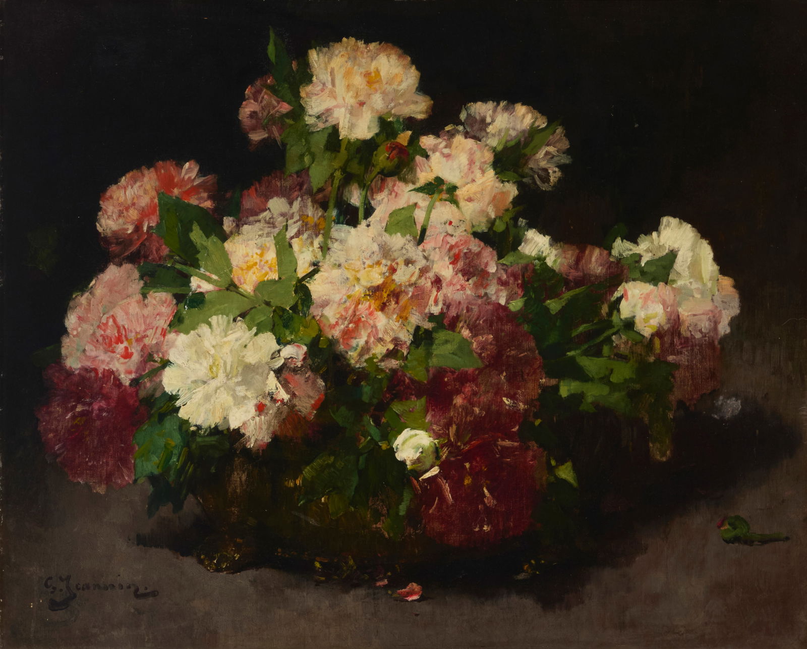Georges Jeannin (1841-1925), "Bouquet de Fleurs": Georges Jeannin(1841-1925)"Bouquet de Fleurs"Oil on boardSigned lower left: G. Jeannin; titled on a gallery label affixed verso25.5" H x 31.5" W Provenance:Sold: Bonhams, Los Angeles, CA,