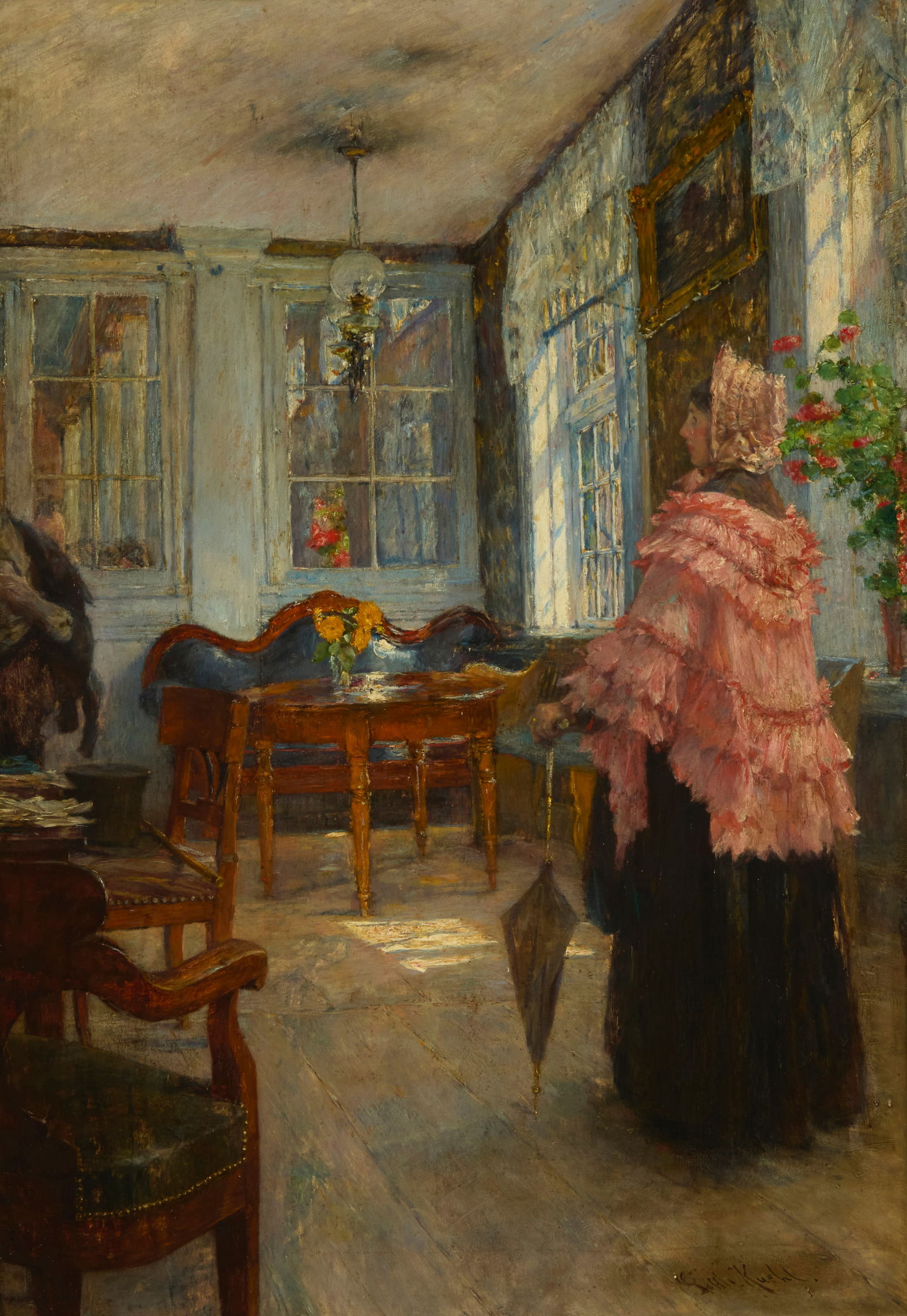Gotthardt Kuehl (1850-1915), Woman with parasol and ruffled cloak standing in a sunroom: Gotthardt Kuehl(1850-1915)Woman with parasol and ruffled cloak standing in a sunroomOil on panelSigned lower right: Gotth. Kuehl32" H x 22.25" W Provenance:Private Estate, California
