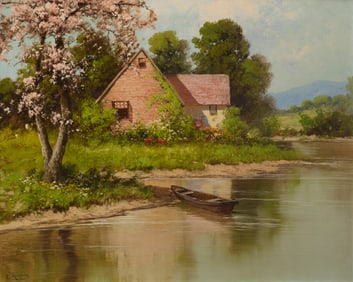 Laszlo Neogrady (1896-1962), Farmhouse along a calm river