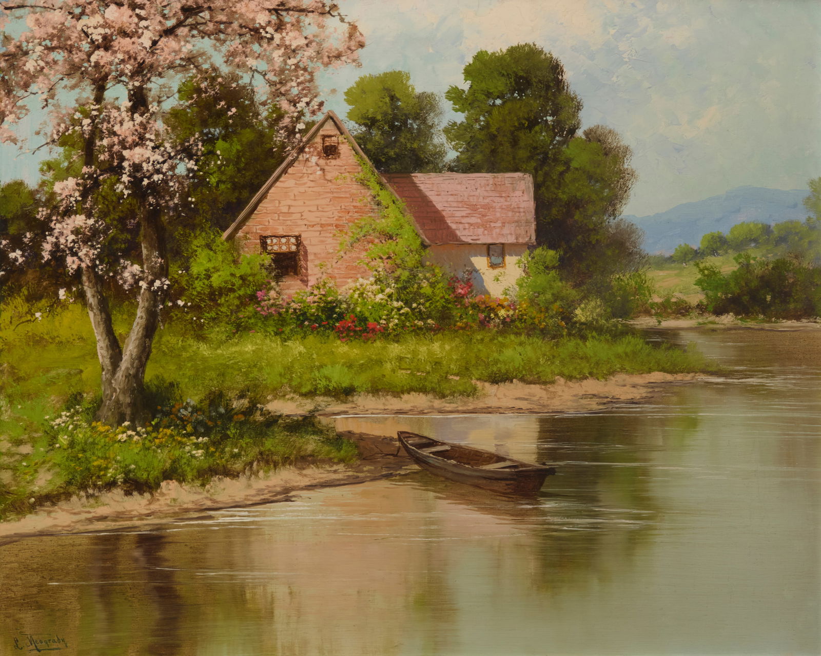 Laszlo Neogrady (1896-1962), Farmhouse along a calm river: Laszlo Neogrady(1896-1962)Farmhouse along a calm riverOil on canvasSigned lower left: L. Neogrady24" H x 30" W Provenance:Private Estate, California