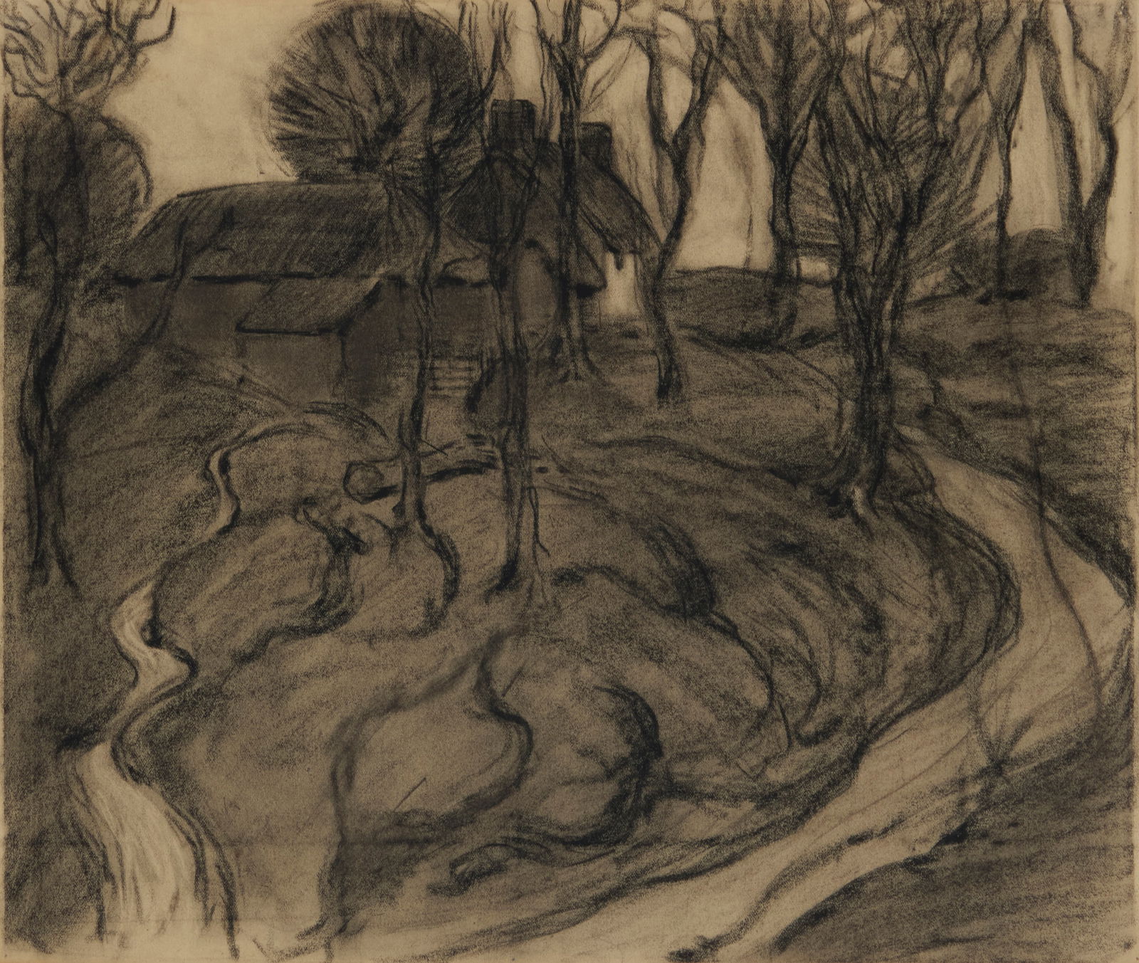 Robert Polhill Bevan (1865-1925), "Hawkridge," circa 1895-97: Robert Polhill Bevan(1865-1925)"Hawkridge," circa 1895-97Charcoal and pencil on a repurposed sheet of wove paperUnsigned; titled and dated from a label affixed to the verso of the mat as well as a sal