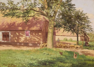 Frans De Bruyn (1867-1943), Farmyard scene with shepherd and flock