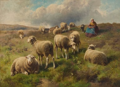 Cornelis van Leemputten (1841-1902), "Shepherdess with Flock"