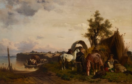 Adolf van der Venne (1828-1911), Figures and horses resting along a shore