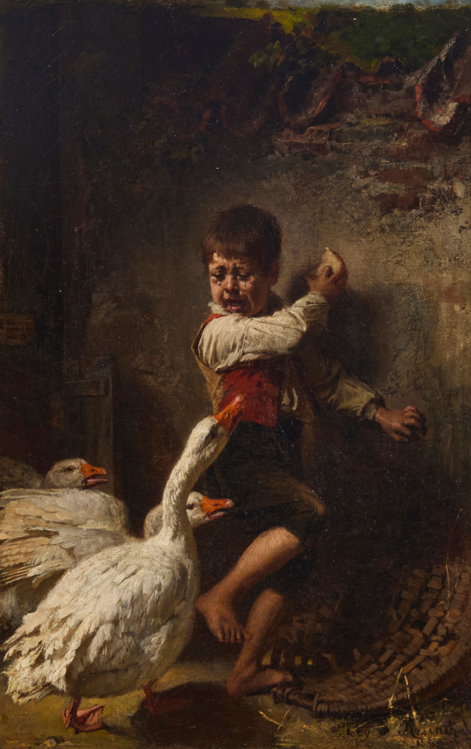Toby Edward Rosenthal (1848-1917), A young boy frightened by geese, 1877: Toby Edward Rosenthal(1848-1917)A young boy frightened by geese, 1877Oil on canvas laid to canvasSigned, dated, and inscribed lower right: Toby E. Rosenthal / Munich 187719.25" H x 12.25" W Prov