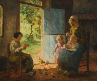 Evert Pieters (1856-1932), Mother and children with chickens, 1926
