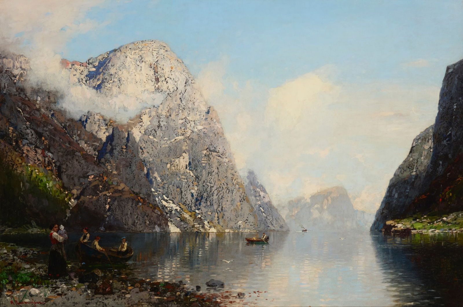Anton Rasmussen (1842-1914), Norwegian fjord with figures: Anton Rasmussen(1842-1914)Norwegian fjord with figuresOil on canvas laid to canvasSigned lower left: A. Rasmussen27" H x 39.5" W Provenance:Private Estate, California