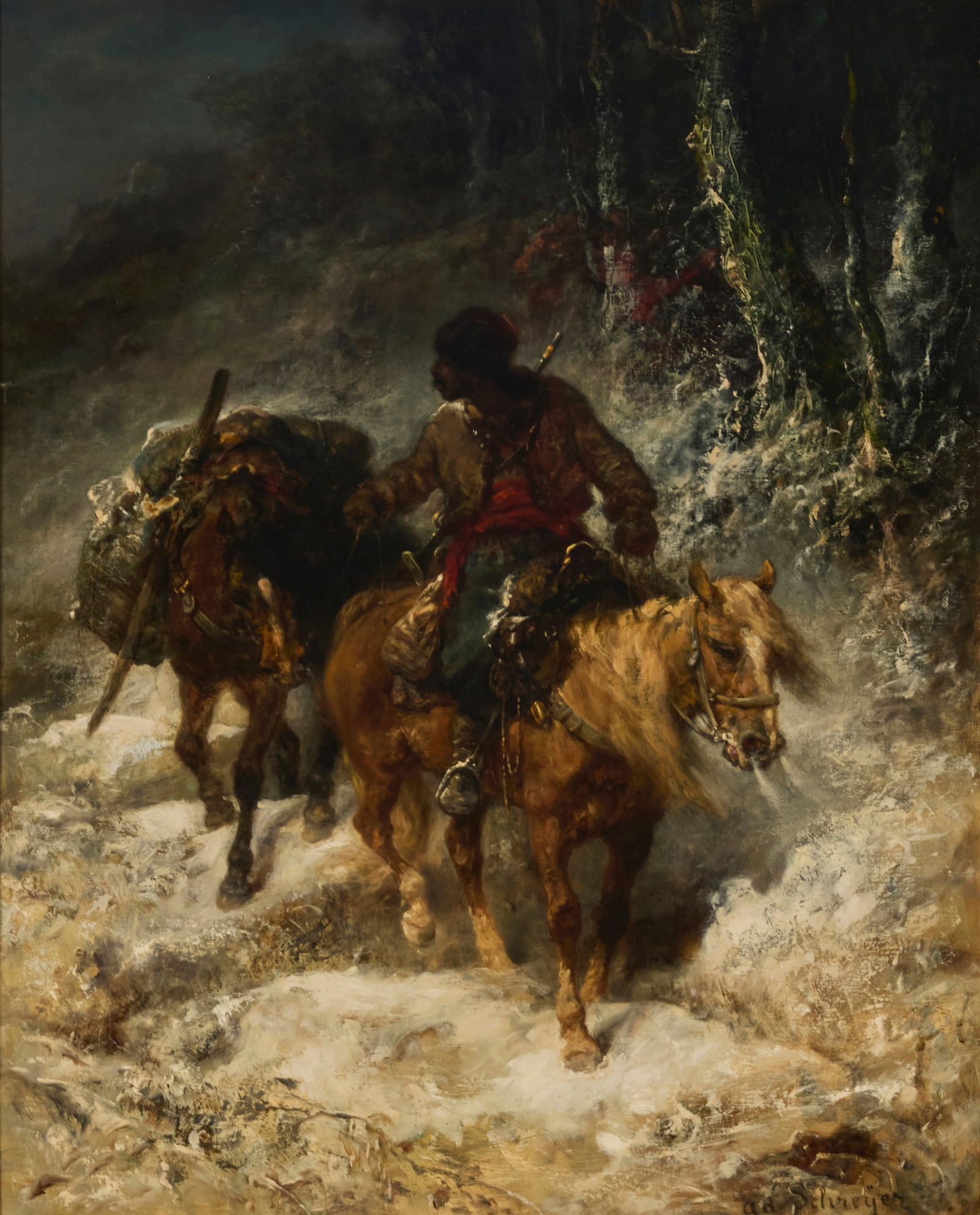 Adolph Schreyer (1828-1899), Packer on horse in winter: Adolph Schreyer(1828-1899)Packer on horse in winterOil on canvas laid to canvasSigned lower right: ad. Schreyer32.25" H x 26" W Provenance:Private Estate, California
