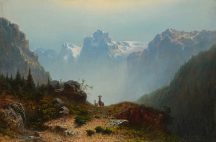Eugen Kruger (1832-1876), Alpine landscape with deer
