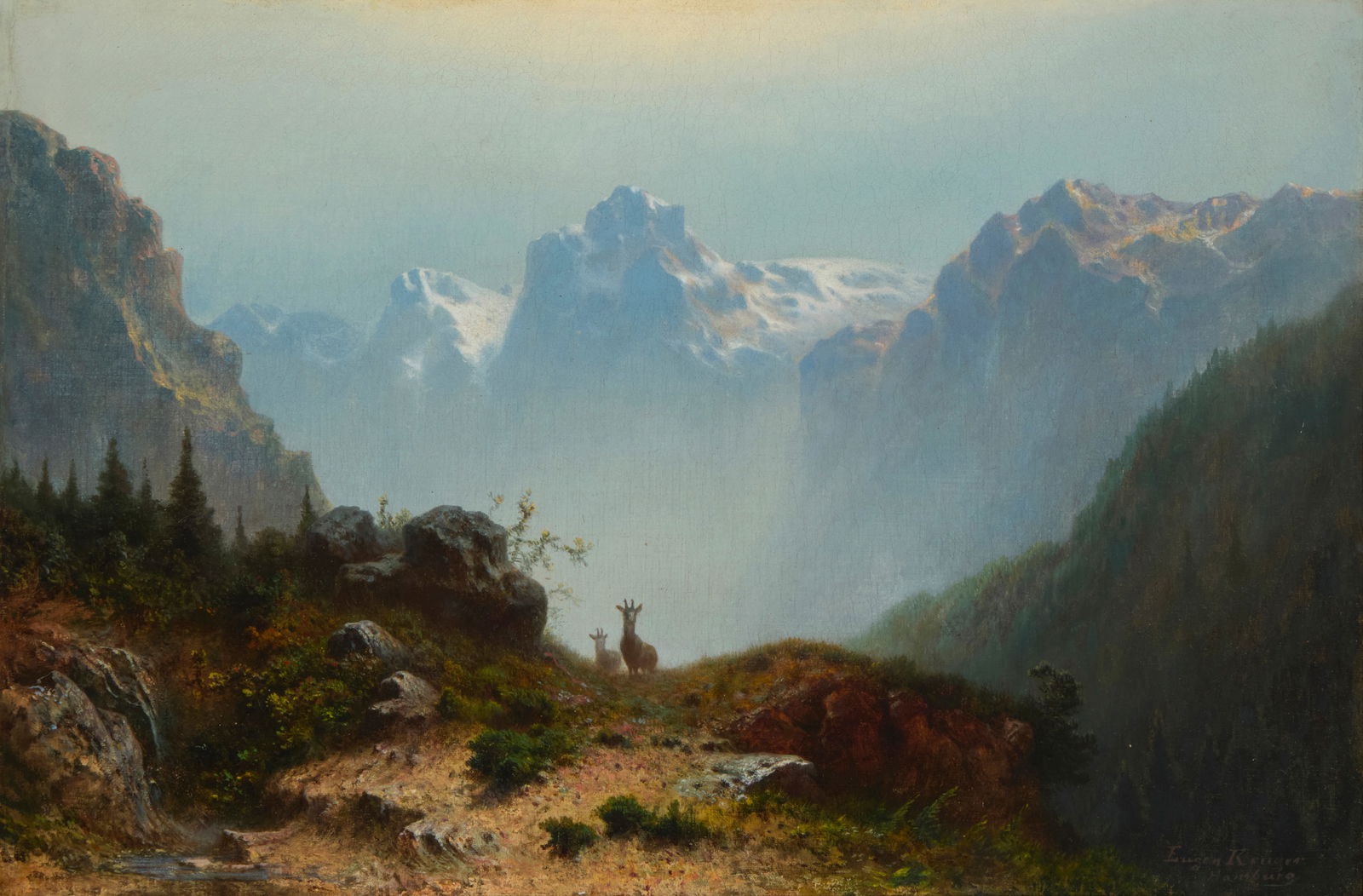 Eugen Kruger (1832-1876), Alpine landscape with deer (1 of 5)