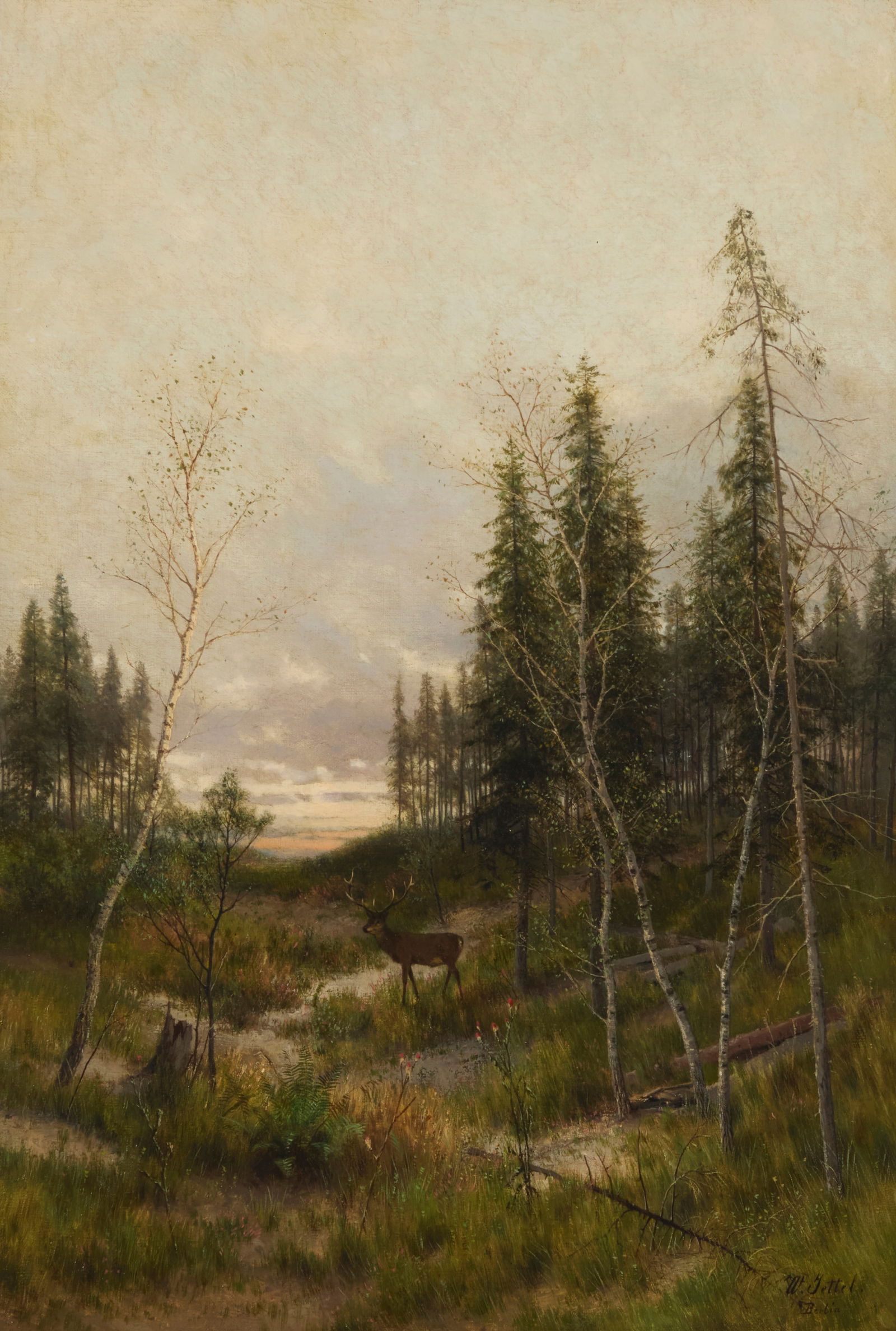 Wladimir Jettel (1843-1910), German wooded landscape with a deer by a stream (1 of 7)
