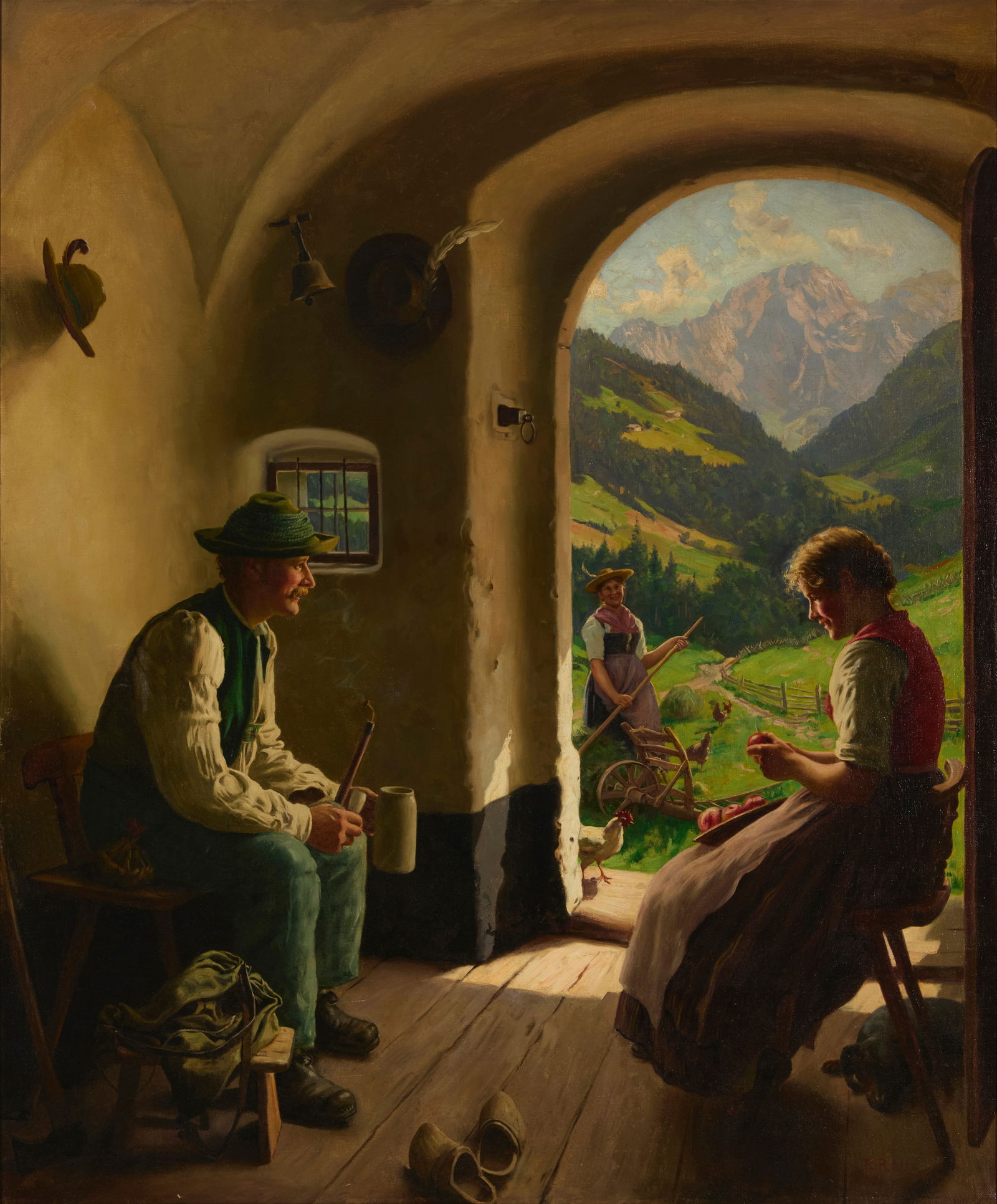 Emil Rau (1858-1937), Idyllic scene on the Alm: Emil Rau(1858-1937)Idyllic scene on the AlmOil on canvas laid to canvasSigned lower right: E. Rau52" H x 44" W Provenance:Private Estate, California