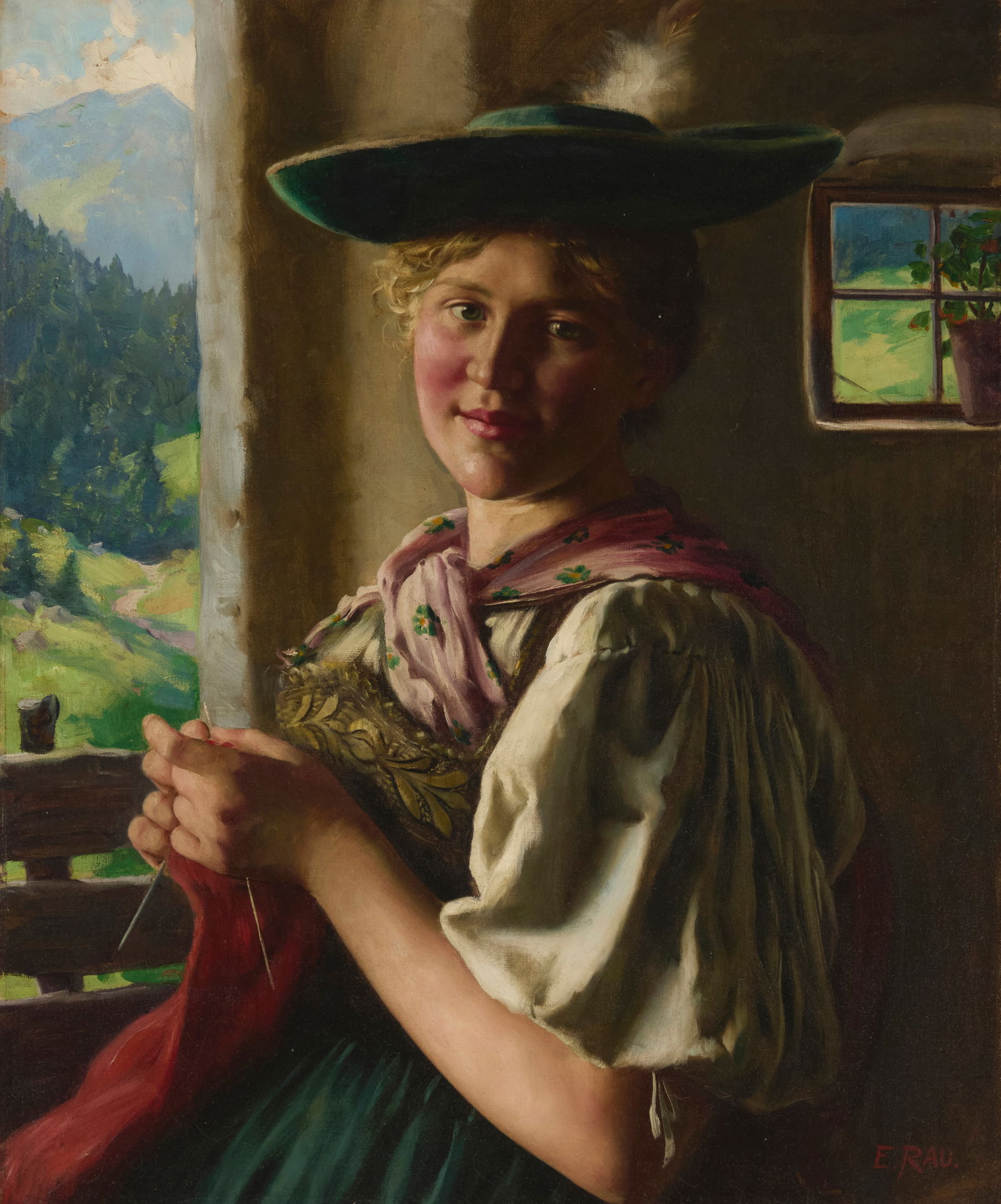 Emil Rau (1858-1937), "Bavarian Girl": Emil Rau(1858-1937)"Bavarian Girl"Oil on canvasSigned lower right: E. Rau.; titled on a label affixed verso29" H x 23.125" H Provenance:Private Estate, California