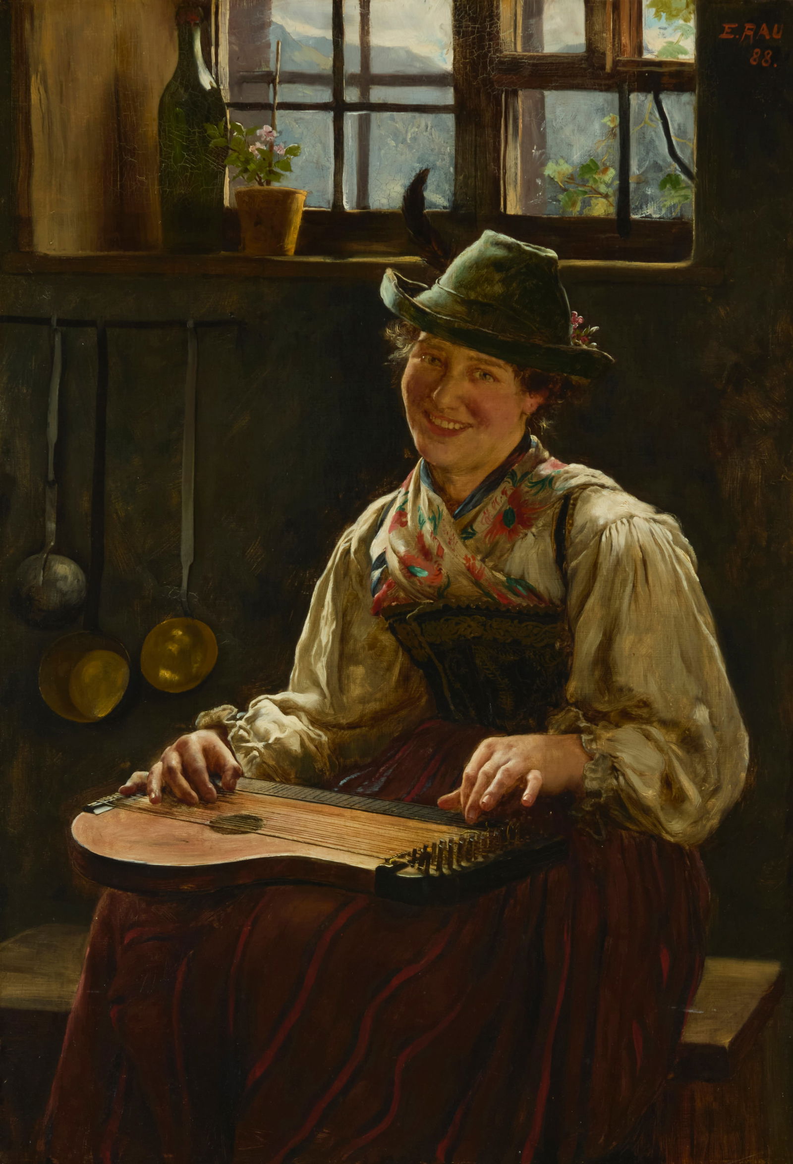 Emil Rau (1858-1937), Portrait of a seated woman strumming a zither, 1888: Emil Rau(1858-1937)Portrait of a seated woman strumming a zither, 1888Oil on canvas laid to canvasSigned and dated upper left: E. Rau / 88.33" H x 22.5" W Provenance:Private Estate, Califo