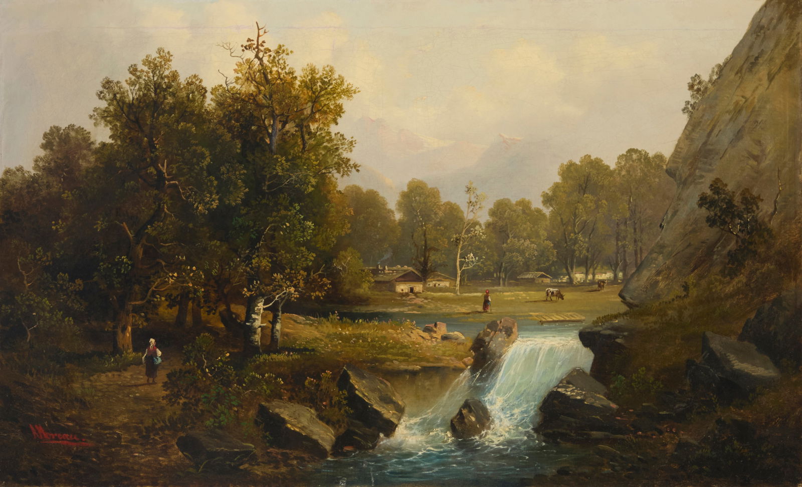 19th Century Continental School: 19th Century Continental SchoolSwiss village sceneOil on canvas laid to canvasSigned lower left: A Moreau; titled on a label affixed to the stretcher20" H x 32.25" WProvenance:Private Estate, Cal