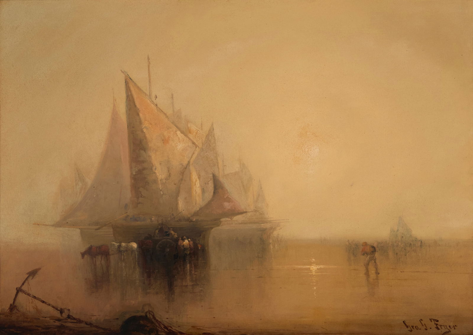 George G. Fryer (1832-1912), "Morning Mist on the Scheldt," circa 1880: George G. Fryer(1832-1912)"Morning Mist on the Scheldt," circa 1880Oil on canvas laid to canvasSigned lower right: Geo. G. Fryer; titled and dated by repute17.75" H x 25.5" W Provenance:Tr