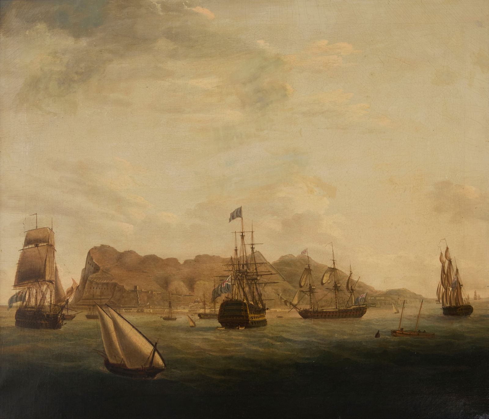 18th/19th Century British School: 18th/19th Century British SchoolView of Gibraltar Oil on canvas laid to canvas Appears unsigned 36" H x 41.75" W