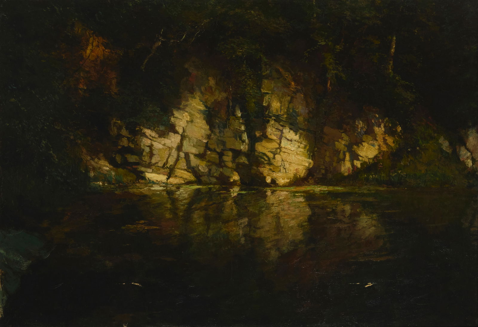 Alfred Theodore Joseph Bastien (1873-1955), Lakeside view with rock wall: Alfred Theodore Joseph Bastien(1873-1955)Lakeside view with rock wallOil on canvas laid to canvasSigned lower left: A. Bastien32.5" H x 47.5" W Provenance:Private Estate, California